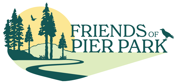 Friends of Pier Park logo in color with trees, path, and birds, including crow